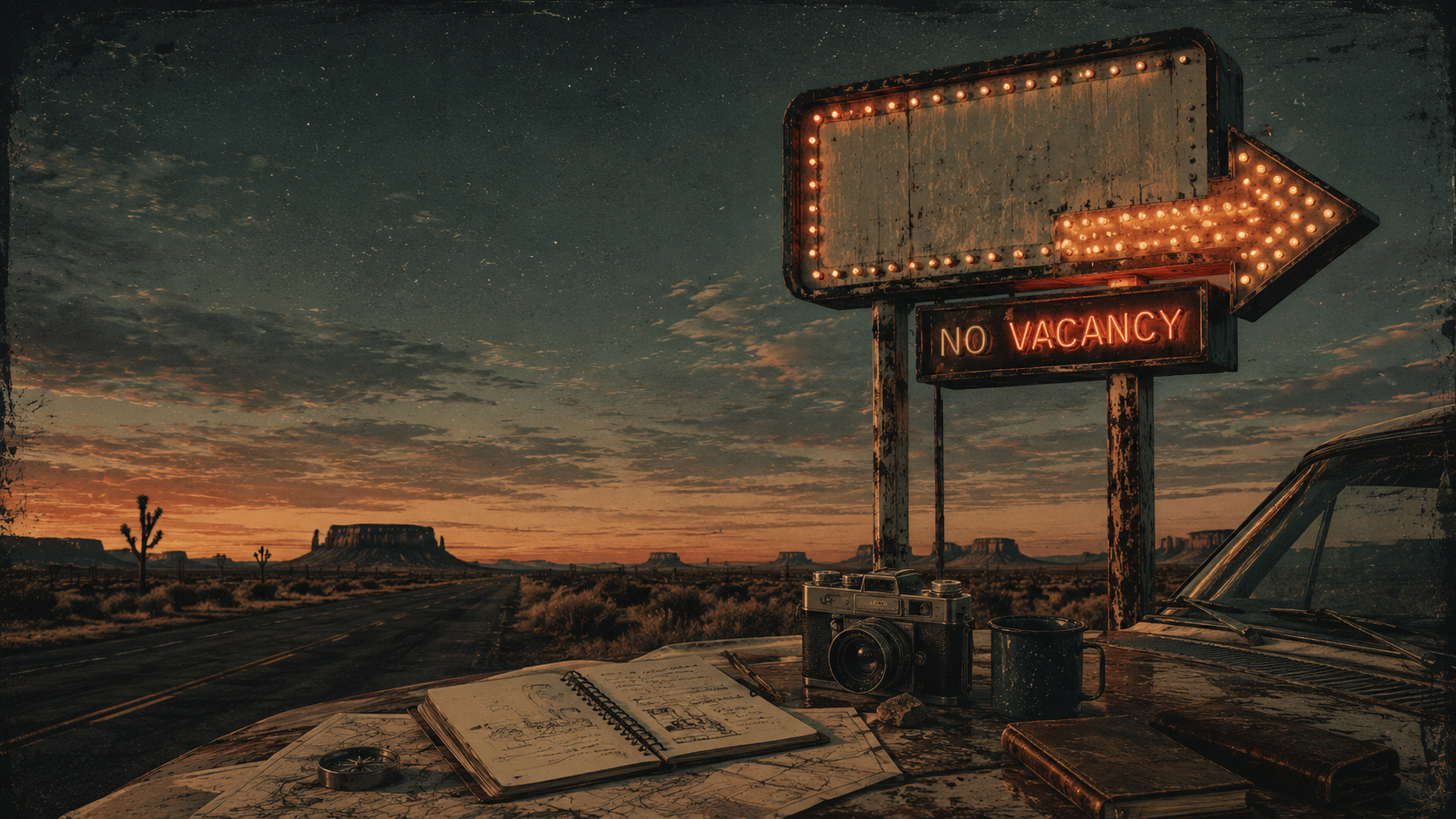 Desert road sign and creative workspace at dusk