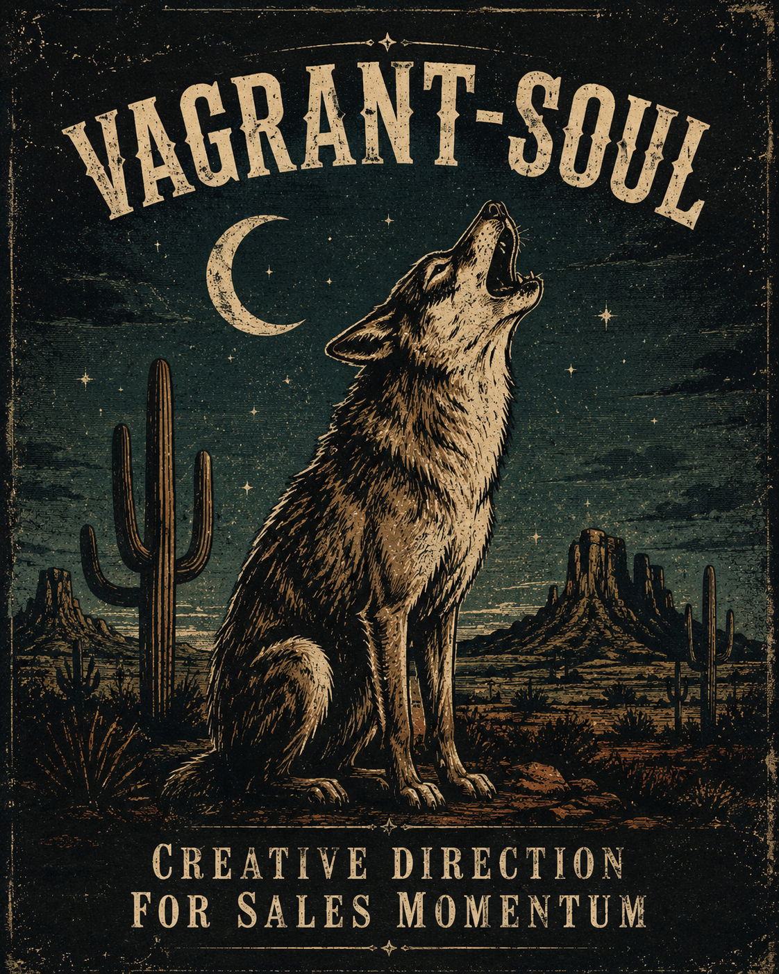 Vagrant-Soul coyote poster in a desert night woodcut style